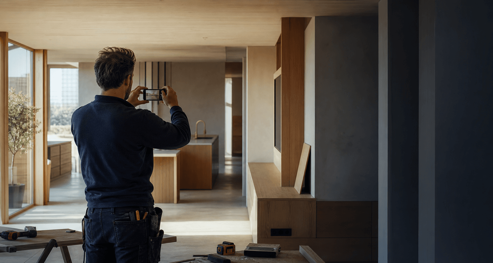Vakman die een afgerond bouwproject fotografeert